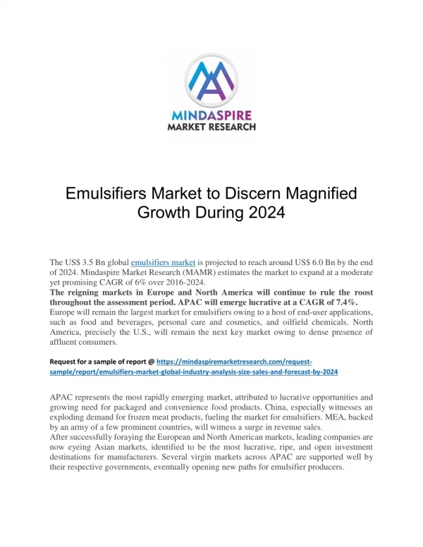 Emulsifiers Market to Discern Magnified Growth During 2024