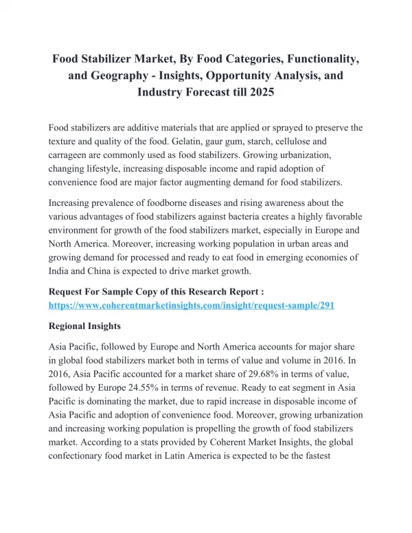 Food Stabilizer Market, By Food Categories, Functionality, and Geography - Insights, Opportunity Analysis, and Industry