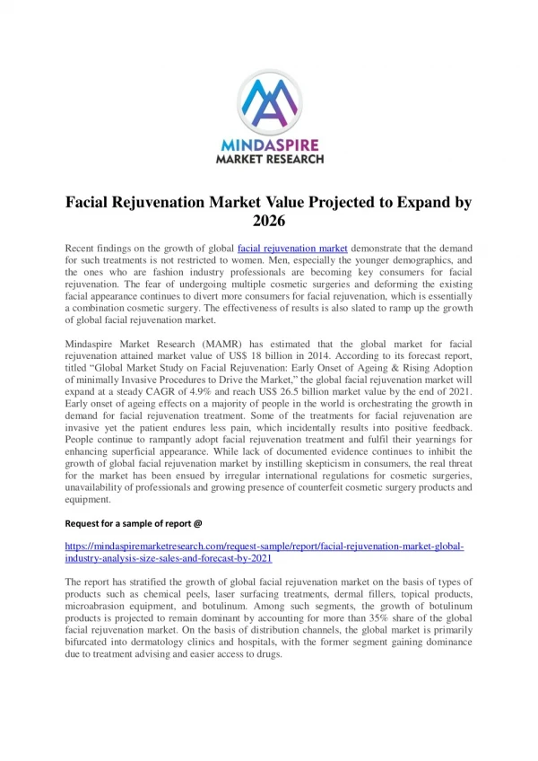 Facial Rejuvenation Market Value Projected to Expand by 2026