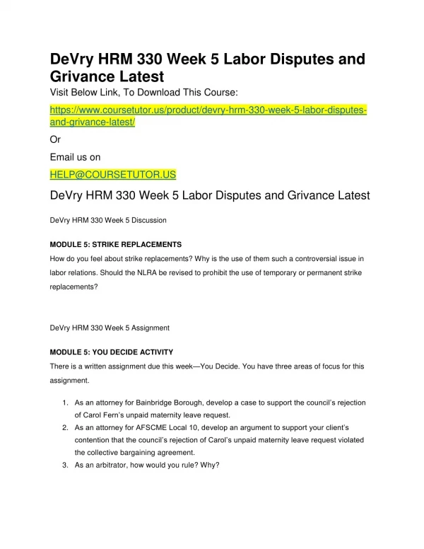 DeVry HRM 330 Week 5 Labor Disputes and Grivance Latest