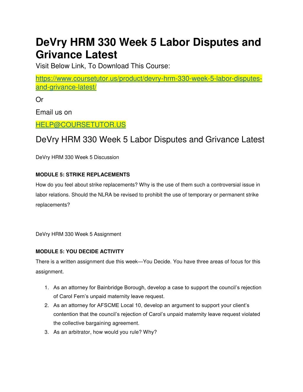 devry hrm 330 week 5 labor disputes and grivance
