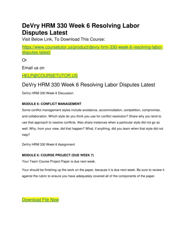 DeVry HRM 330 Week 6 Resolving Labor Disputes Latest
