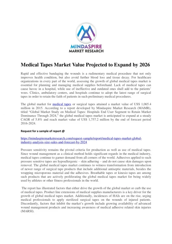 Medical Tapes Market Value Projected to Expand by 2026