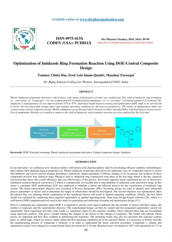 Optimization of Imidazole Ring Formation Reaction Using DOE-Central Composite Design