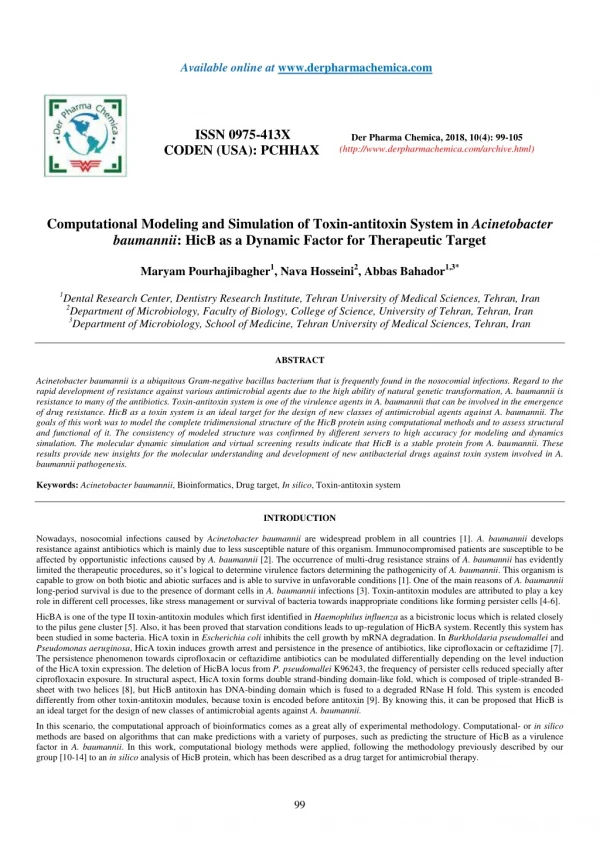 Computational Modeling and Simulation of Toxin-antitoxin System in Acinetobacter baumannii: HicB as a Dynamic Factor for