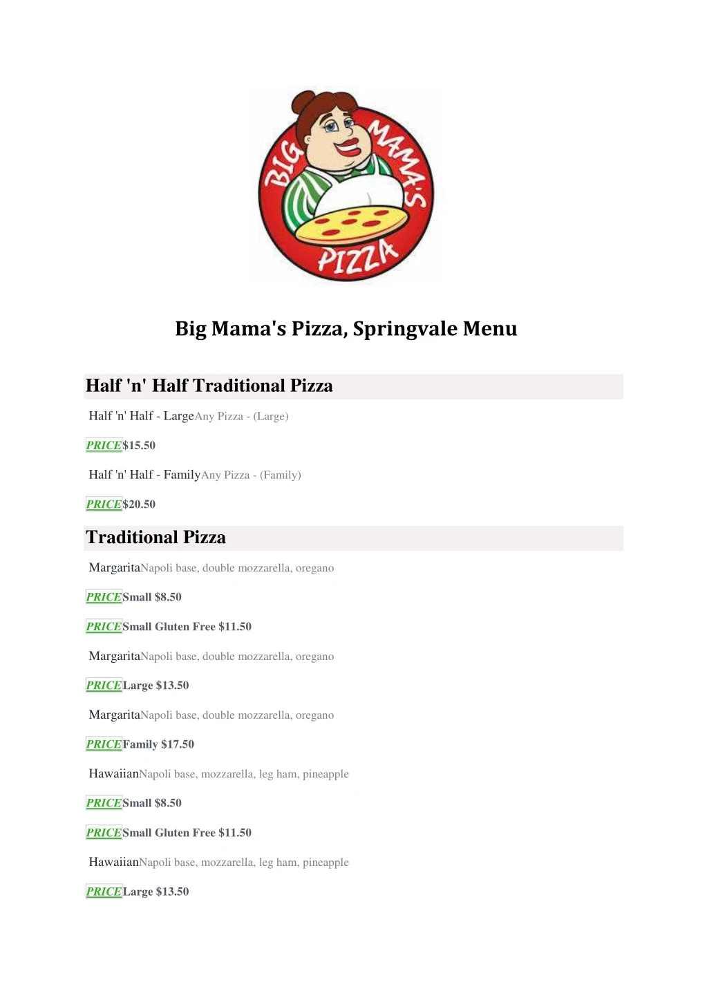 big mama s pizza springvale menu