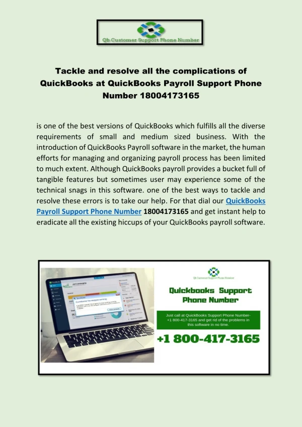 Tackle and resolve all the complications of QuickBooks at QuickBooks Payroll Support Phone Number 18004173165
