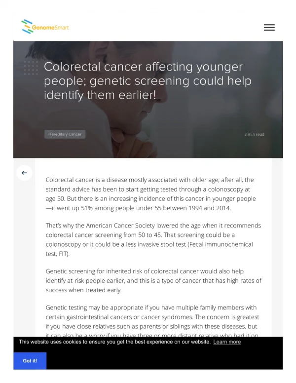 Colorectal Cancer Affecting Younger People; Genetic Screening Could Help Identify Them Earlier