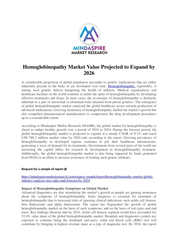Hemoglobinopathy Market Value Projected to Expand by 2026