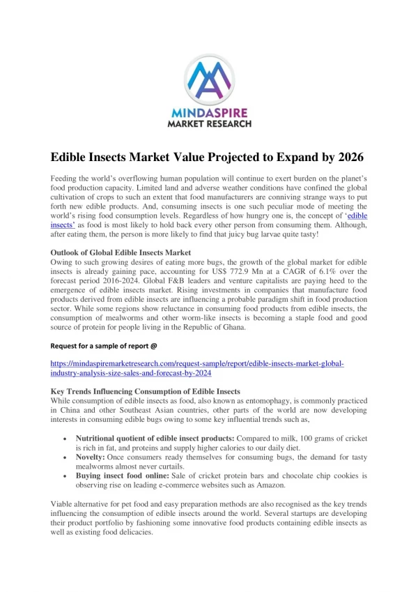 Edible Insects Market Value Projected to Expand by 2026