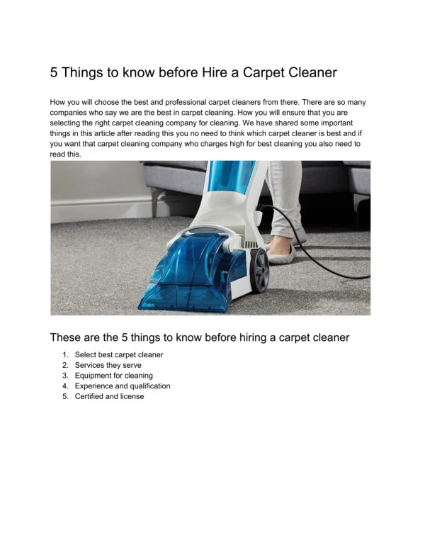 5 Things to know before Hire a Carpet Cleaner