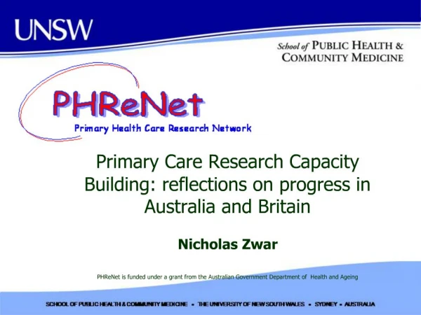 Primary Care Research Capacity Building: reflections on progress in Australia and Britain Nicholas Zwar PHReNet is fun