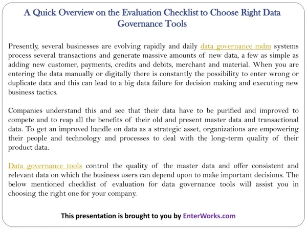 A Quick Overview on the Evaluation Checklist to Choose Right Data Governance Tools