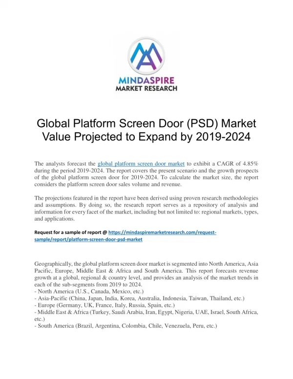 Global Platform Screen Door (PSD) Market Value Projected to Expand by 2019-2024