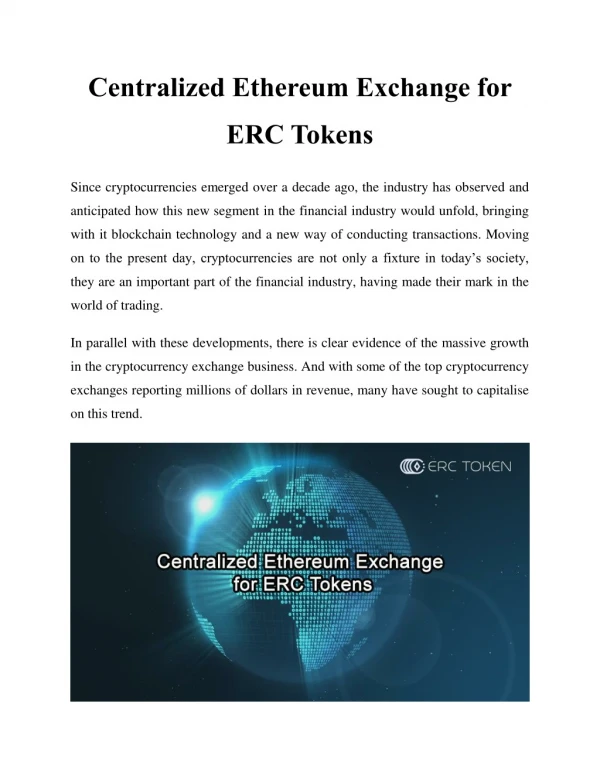 Centralized Ethereum Exchange for ERC Tokens