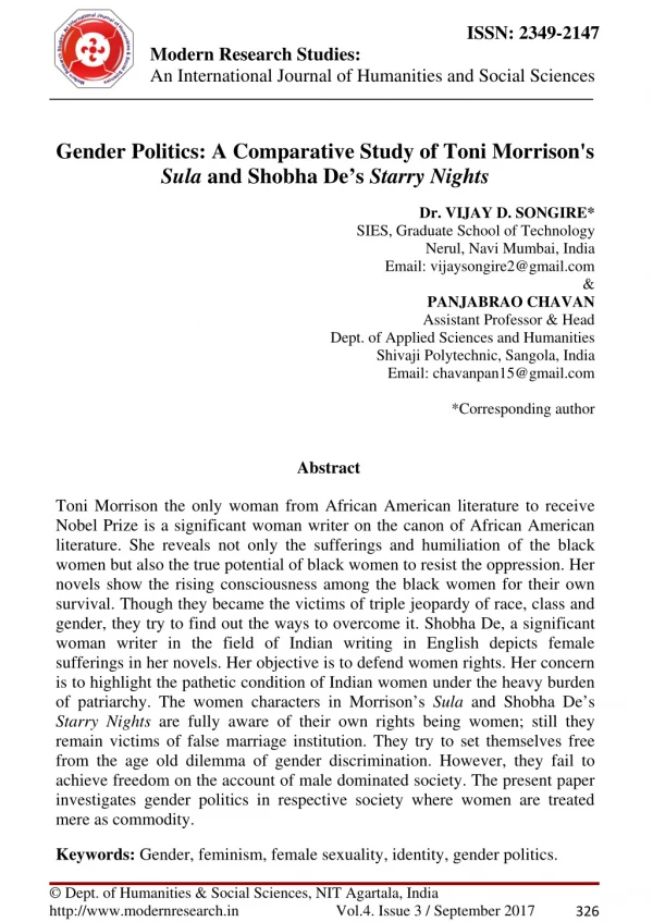 Gender Politics: A Comparative Study of Toni Morriso's Sula and Shobha De's Starry Nights