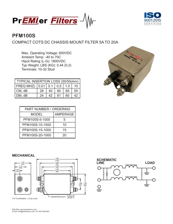 Single Phase EMI Filters: PF100QD 300VAC / 3A TO 16A / 0.25 QD