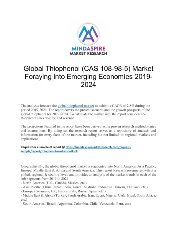 Global Thiophenol (CAS 108-98-5) Market Foraying into Emerging Economies 2019-2024