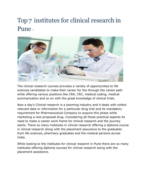 Top 7 institutes for clinical research in Pune