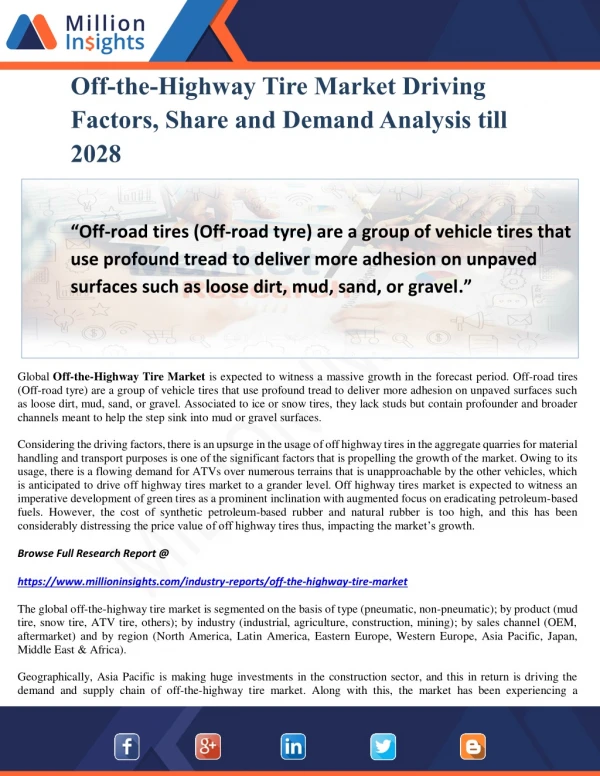 Off-the-Highway Tire Market Driving Factors, Share and Demand Analysis till 2028