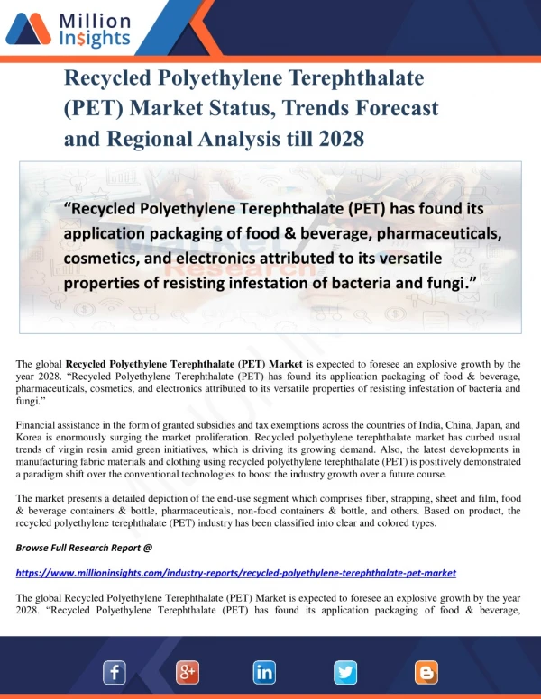 Recycled Polyethylene Terephthalate (PET) Market Status, Trends Forecast and Regional Analysis till 2028
