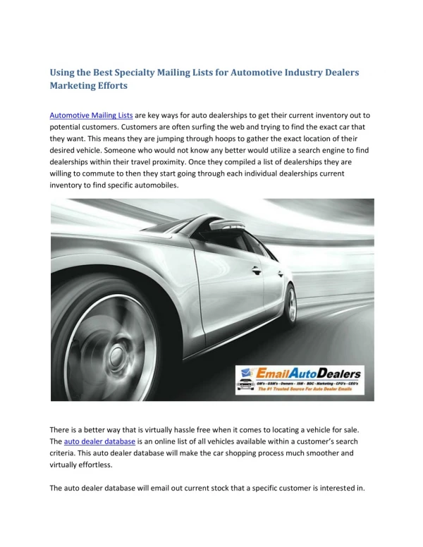 Using the Best Specialty Mailing Lists for Automotive Industry Dealers Marketing Efforts