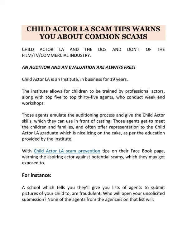 CHILD ACTOR LA SCAM TIPS WARNS YOU ABOUT COMMON SCAMS