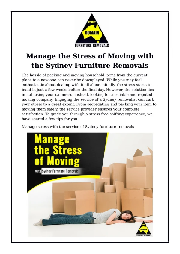 Manage the Stress of Moving with the Sydney Furniture Removals