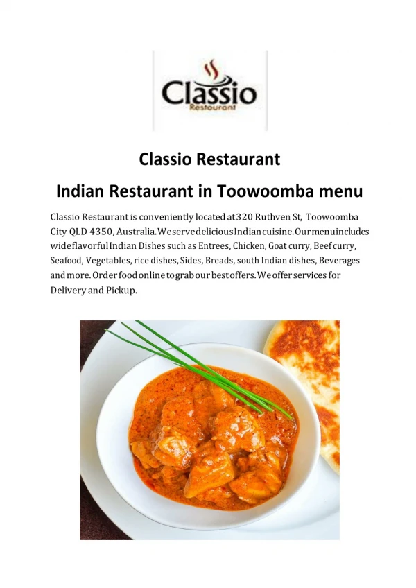 Classio Restaurant Menu | Indian restaurant in Toowoomba City , Brisbane