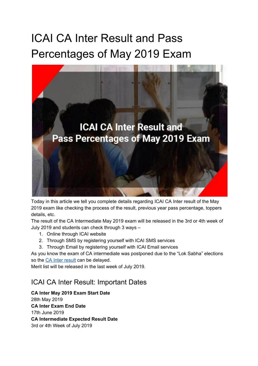 icai ca inter result and pass percentages