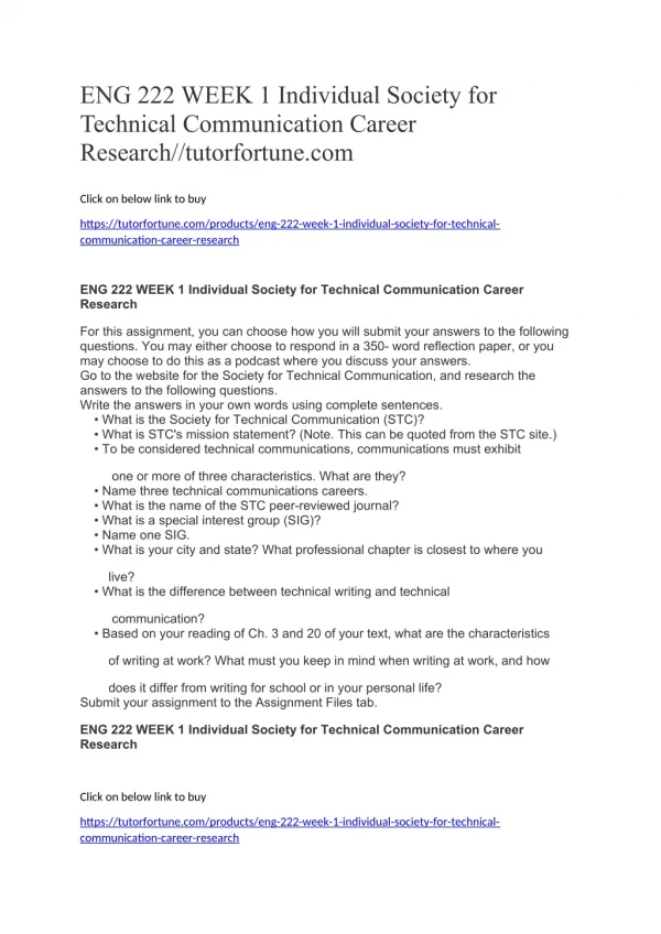 ENG 222 WEEK 1 Individual Society for Technical Communication Career Research//tutorfortune.com