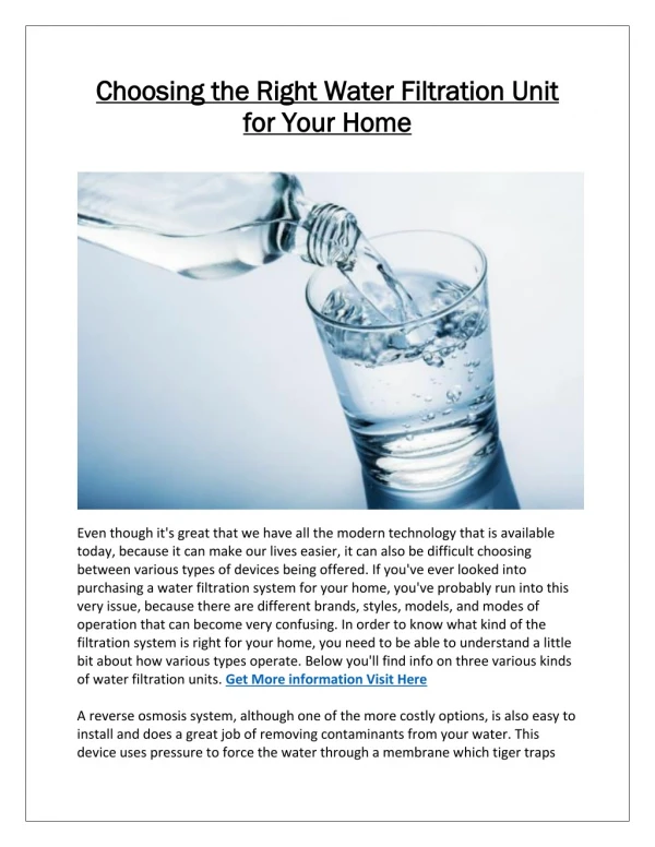 Choosing the Right Water Filtration Unit for Your Home
