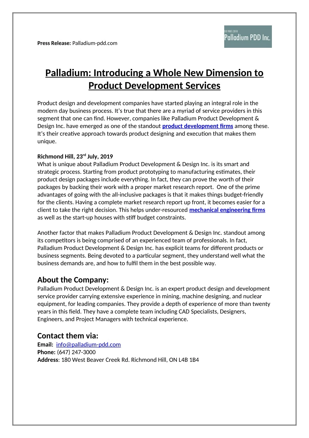 press release palladium pdd com