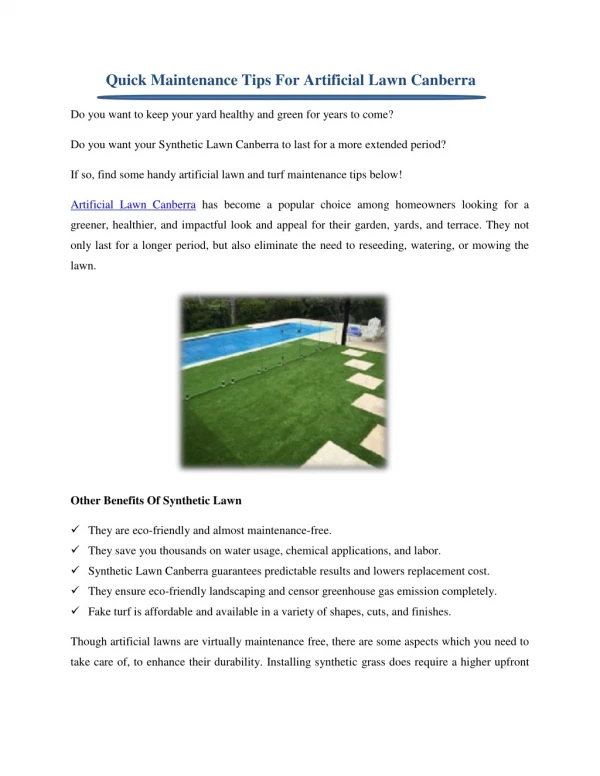 Quick Maintenance Tips For Artificial Lawn Canberra