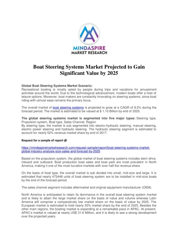 Boat Steering Systems Market Projected to Gain Significant Value by 2025