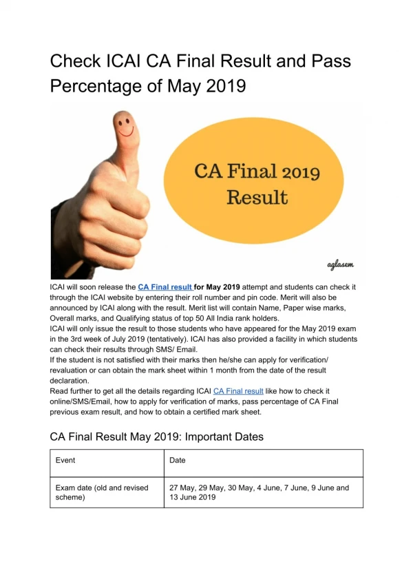 Check ICAI CA Final Result and Pass Percentage of May 2019