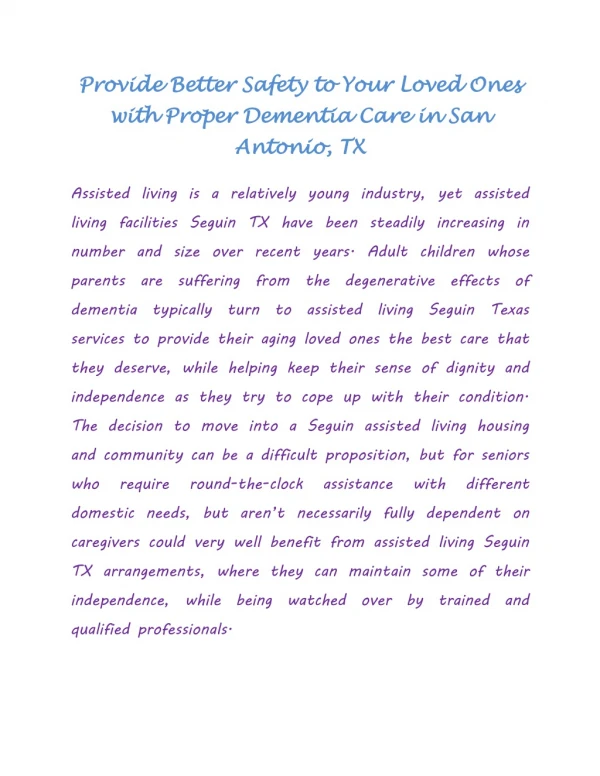 Provide Better Safety to Your Loved Ones with Proper Dementia Care in San Antonio, TX