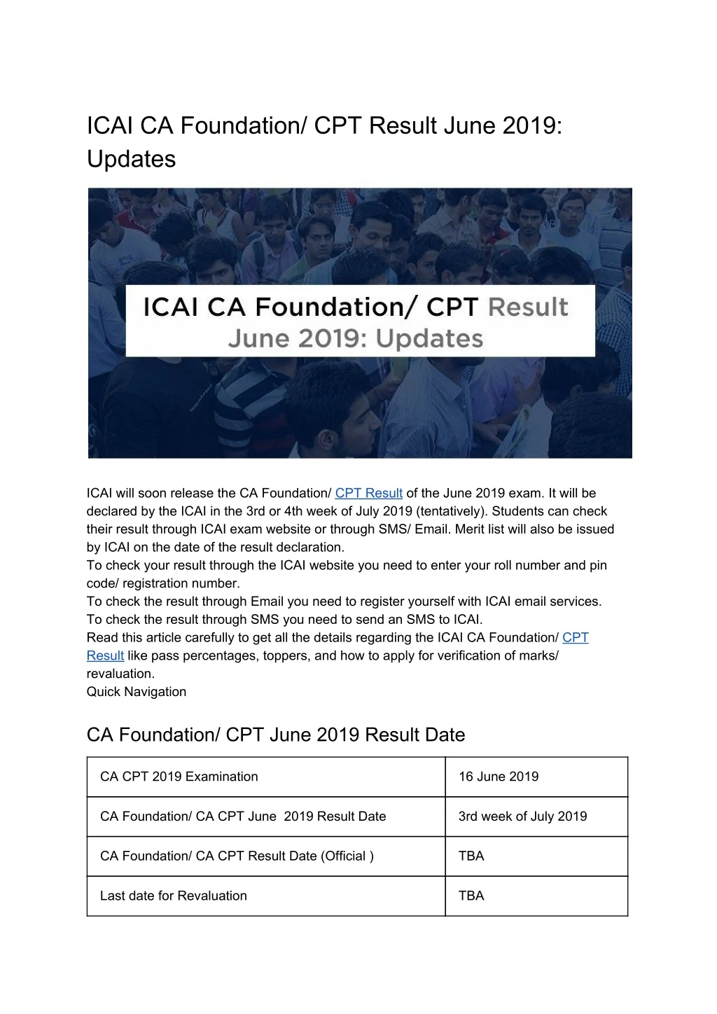 icai ca foundation cpt result june 2019 updates