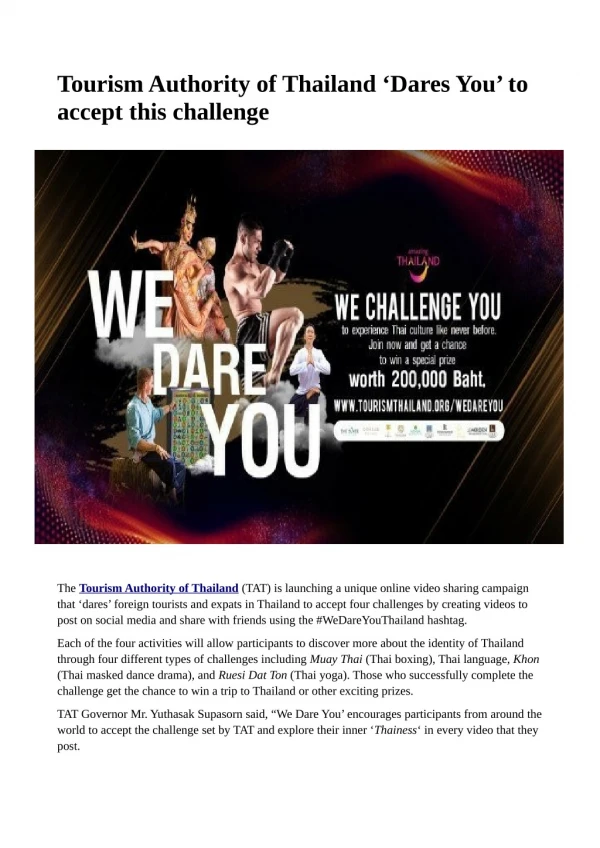 Tourism Authority of Thailand 'Dares You' to accept this challenge
