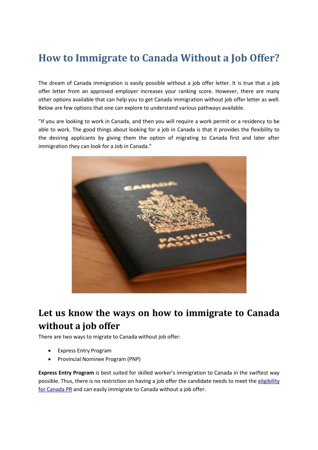 how to immigrate to canada without a job offer