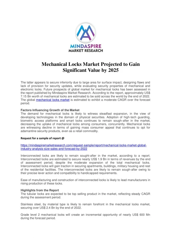 Mechanical Locks Market Projected to Gain Significant Value by 2025