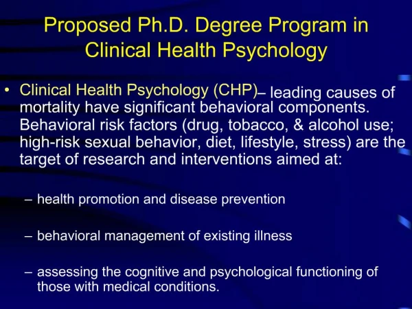 Proposed Ph.D. Degree Program in Clinical Health Psychology
