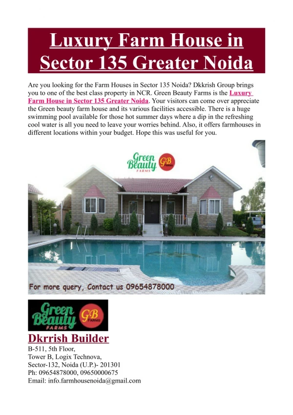 Luxury Farm House in Sector 135 Greater Noida