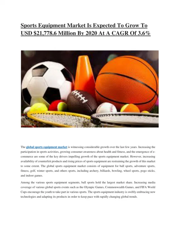 Global Market Study on Sports Equipment: Ball Sports to be the largest segment by 2020