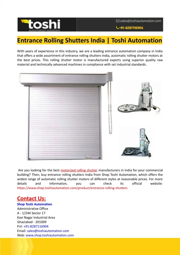 Entrance Rolling Shutters India-Toshi Automation