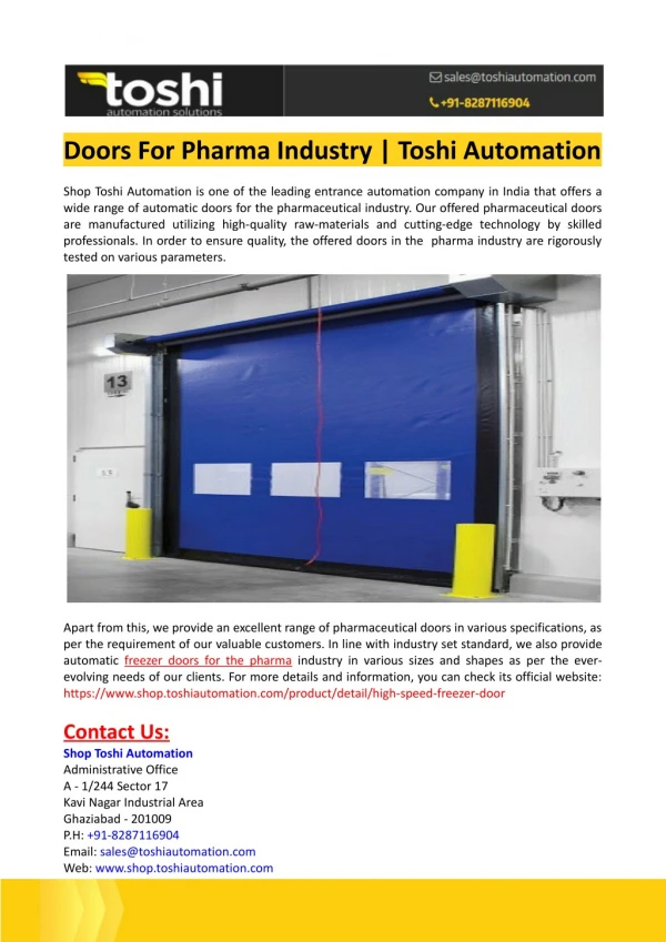 Doors For Pharma Industry-Toshi Automation