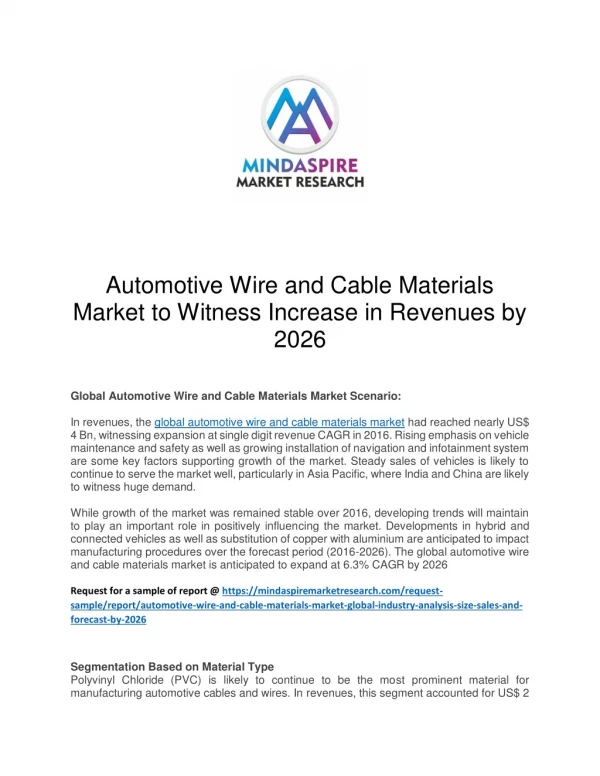 Automotive Wire and Cable Materials Market to Witness Increase in Revenues by 2026