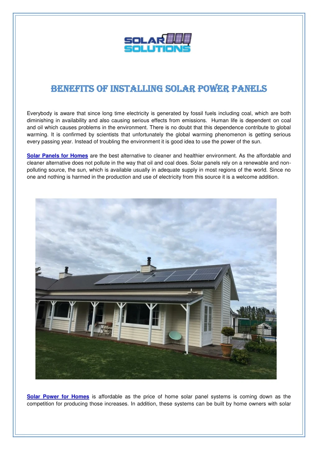 benefits of installing solar power panels