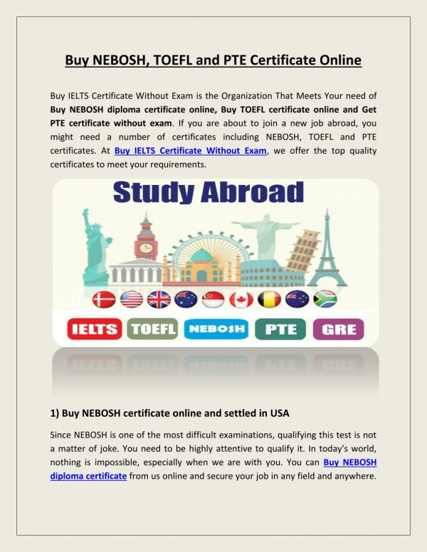 Buy NEBOSH, TOEFL and PTE Certificate Online