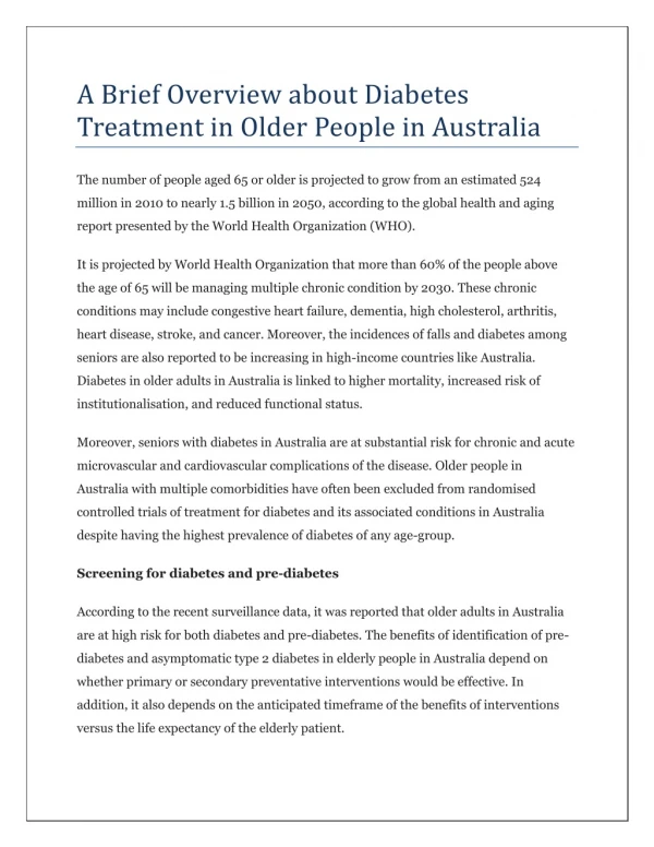 A Brief Overview about Diabetes Treatment in Older People in Australia